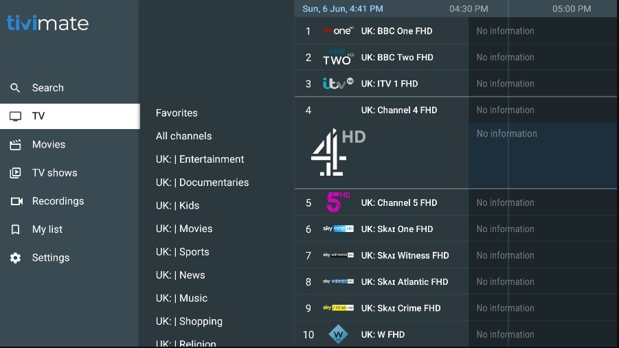 Electronic Program Guide interface for iptv providers on Match Moment
